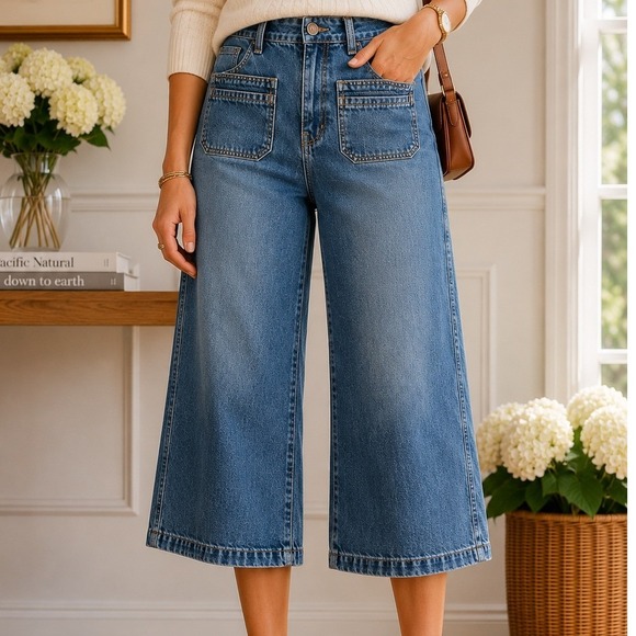 Old Navy Denim - Old Navy Drapey Denim High Rise Baggy Wide Leg Jeans Blue Festival Petite 2